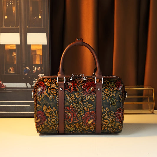 Vintage Floral Boston Bag Large Capacity Handbag Deep Brown
