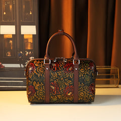 Vintage Floral Boston Bag Large Capacity Handbag Deep Brown