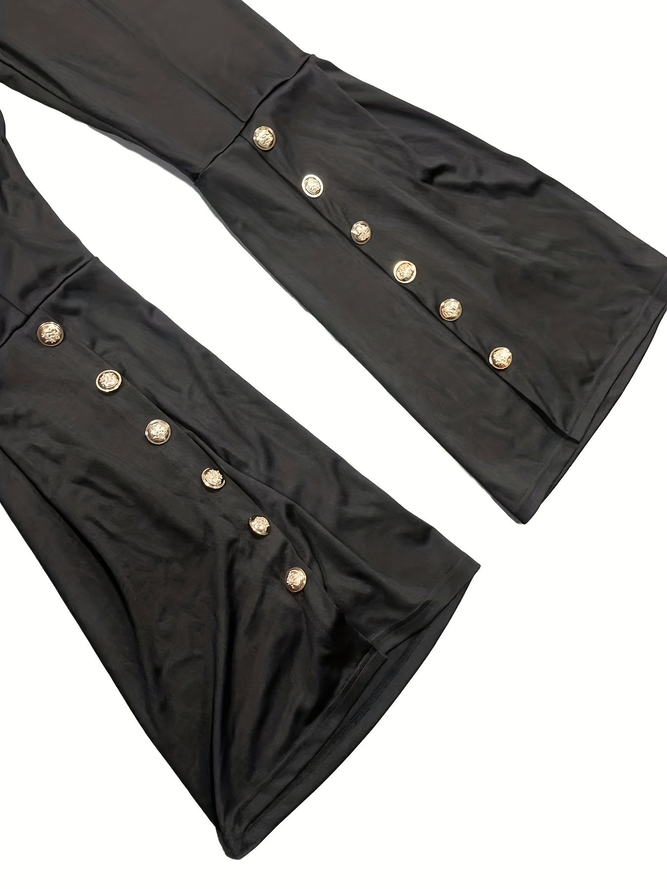  Flared Leg Trousers Button Decor Elastic High Rise Casual Pants