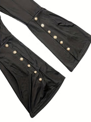  Flared Leg Trousers Button Decor Elastic High Rise Casual Pants