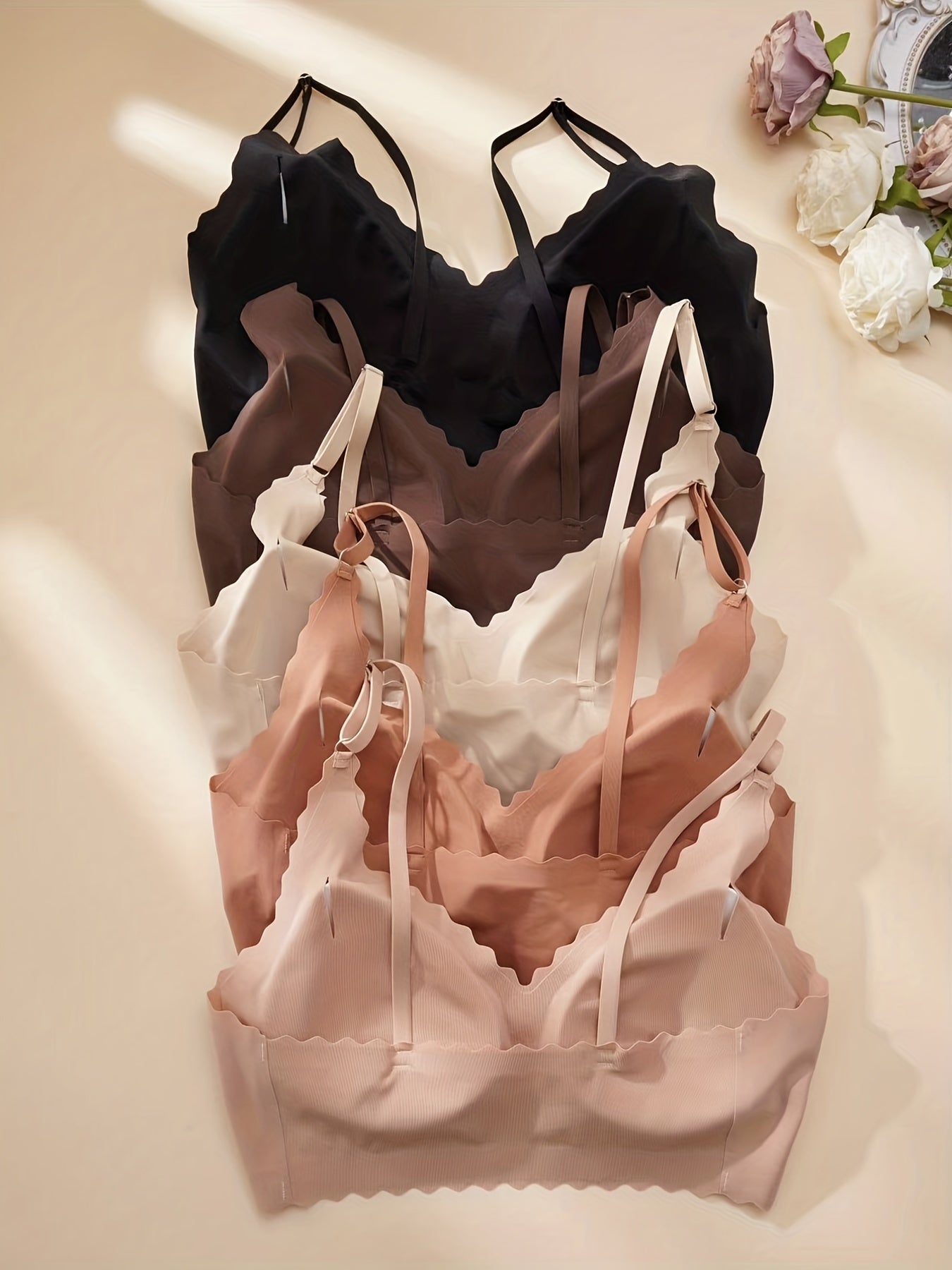 5 Seamless Wireless Bras Comfy & Breathable Scallop Trim Women's Lingerie