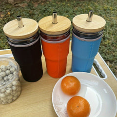 24oz Glass Cup With Cup Sleeve and Stainless Steel Straw