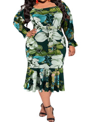 Floral Print Flounce Sleeve Square Neck Midi Dress