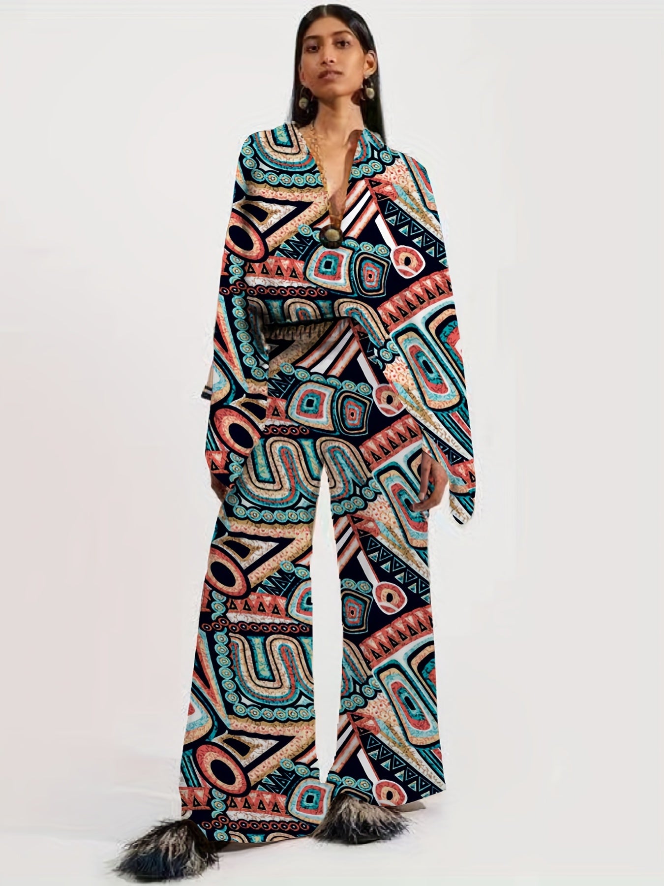 Ethnic Print Two Piece Set Blouse & Pants Outfit