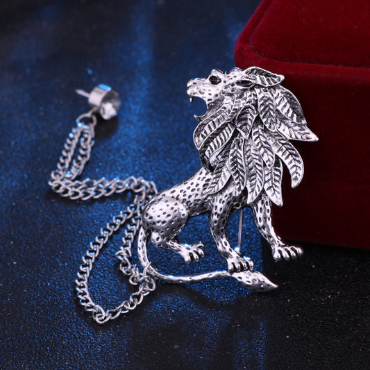 Vintage Animal Lion Brooch Chain Tassel Business Suit Pin