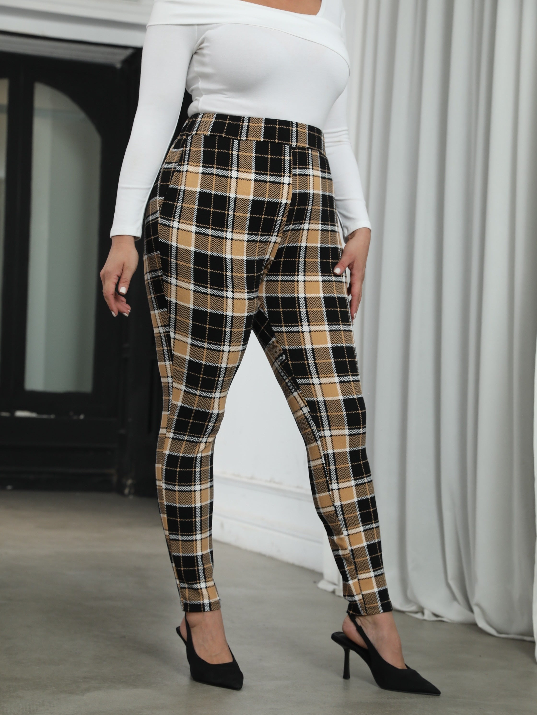 Women's Plus Plaid Print High Rise Skinny Trousers