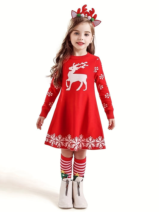 Christmas Deer Jacquard Knitted Dress Long Sleeve Sweater