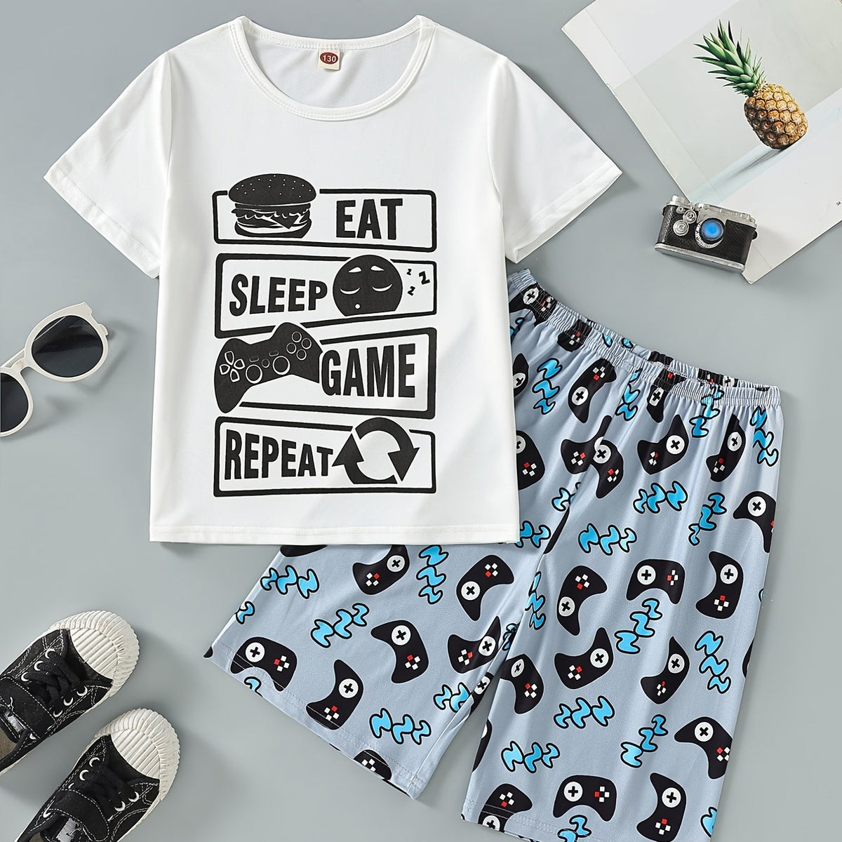 Boys Slogan Print T Shirt & Game Console Print Shorts Set
