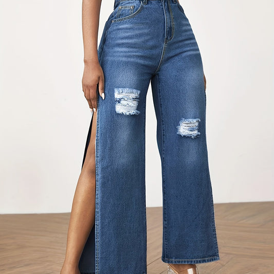 High Waist Split Denim Pants Distressed Wide Legs Jeans