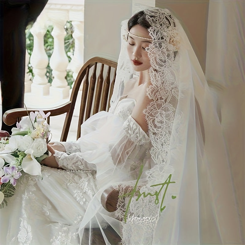French Vintage Bridal Veil Embroidered Tulle Train