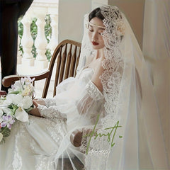 French Vintage Bridal Veil Embroidered Tulle Train