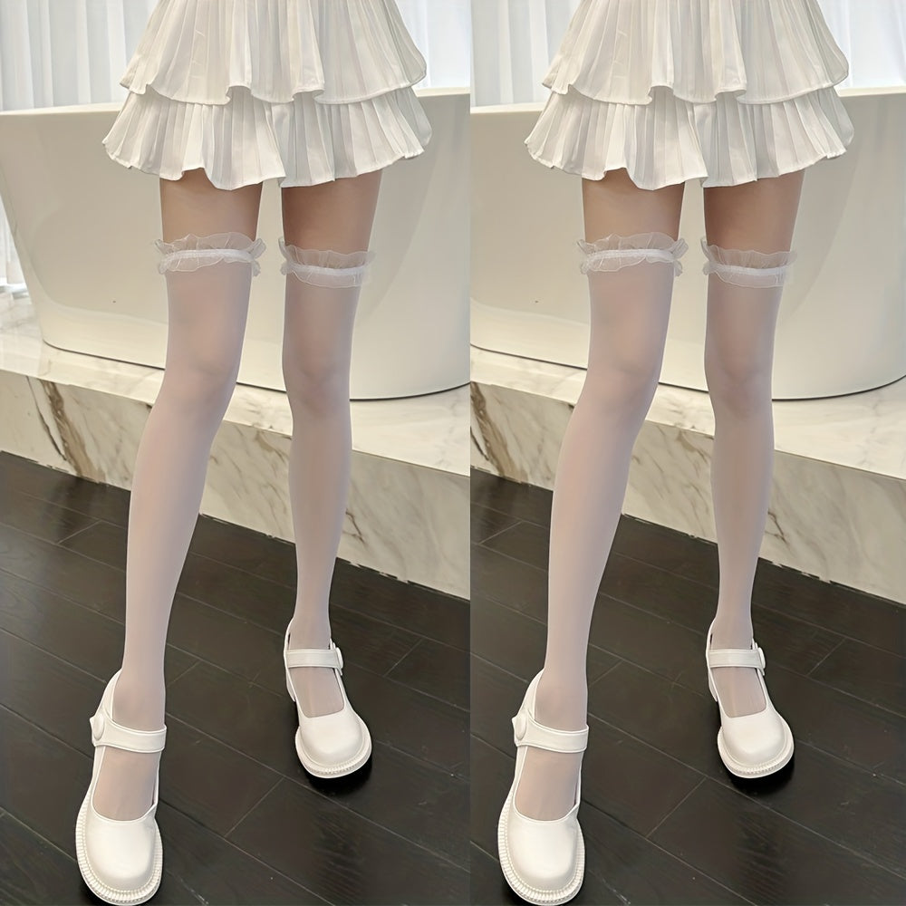 2 Pairs Ruffle Thigh High Stockings Sheer Over The Knee Socks Women's Hosiery