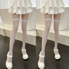 2 Pairs Ruffle Thigh High Stockings Sheer Over The Knee Socks Women's Hosiery