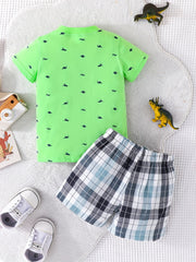 Boys Dino Print T Shirt & Plaid Shorts Set for Summer