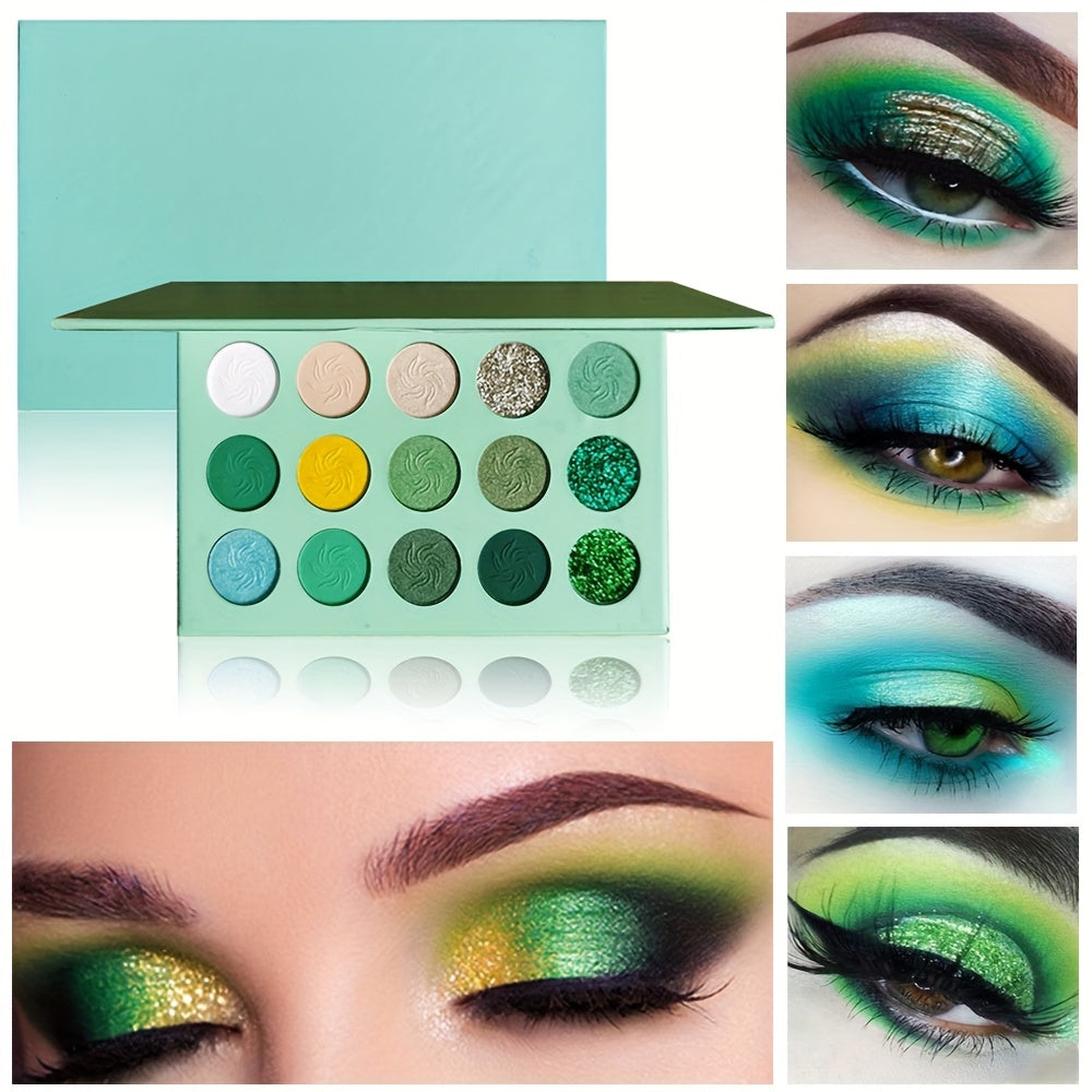 15-Color Spring & Summer Eyeshadow Palette with Green Glitter Sequin Shimmer