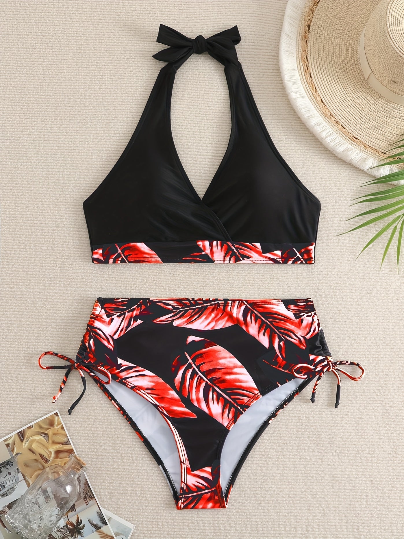 Leaf Print Bikini Set Halter V Neck High Cut Swimsuit