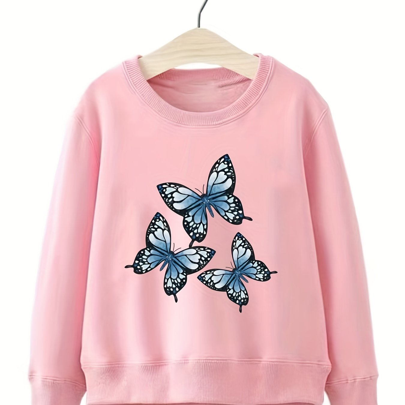 Girls Butterflies Pattern Sweatshirt Round Neck Casual Top Pullovers