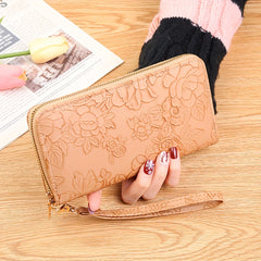 Floral Embossed Long Wallet Zipper Closure Clutch Purse