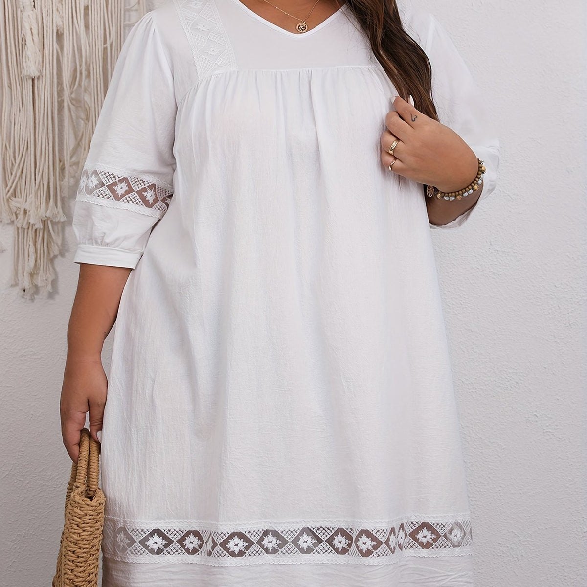  Casual Dress Women's Plus Solid Lace Panel Sleeve Loose Dress