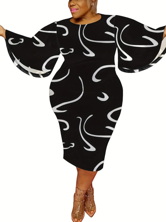  Graffiti Print Bell Sleeve Round Neck Dress