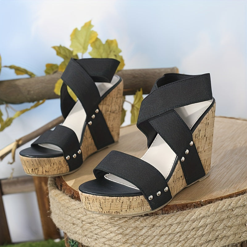 Women's Wedge Sandals Open Toe Elastic Strap Slip On Heels