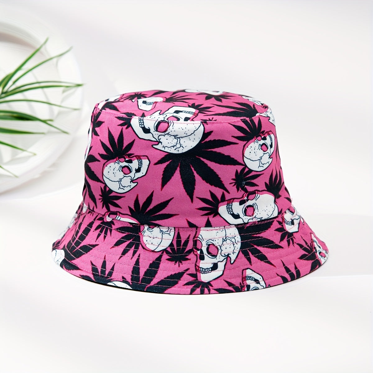 Skull Leaf Print Reversible Bucket Hat Lightweight Unisex Fisherman Cap