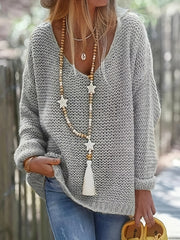 Women's V Neck Knitted Pullover Sweater Long Sleeve Casual Spring Fall