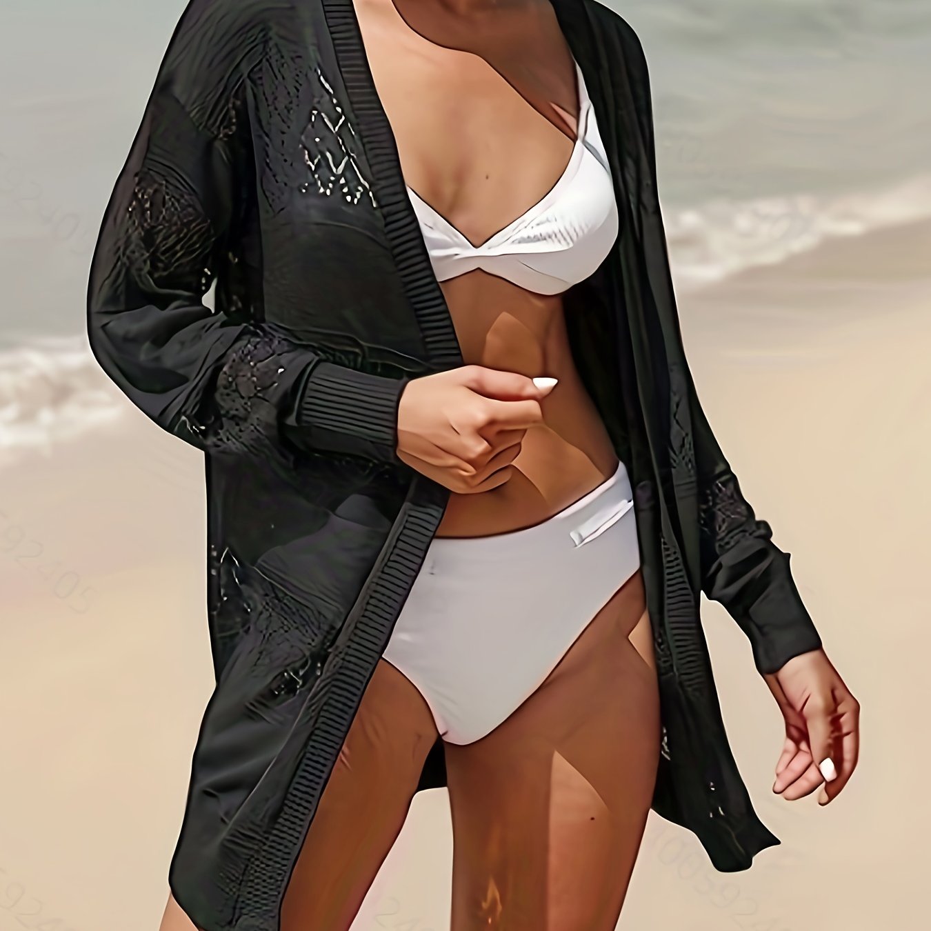 Women's Plus Open Front Cardigan Solid Hollow Out Long Sleeve