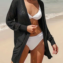 Women's Plus Open Front Cardigan Solid Hollow Out Long Sleeve