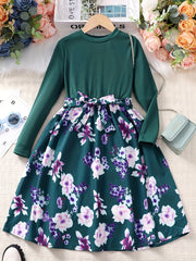 Girls Long Sleeves Flowers Splicing Belted Dress For Party Kids Spring Clothes