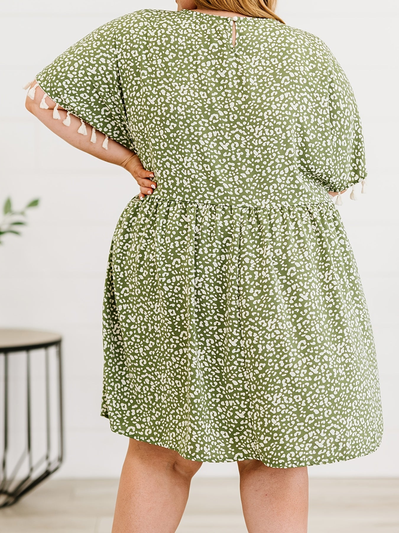  Leopard Print Fringe Trim Midi Dress