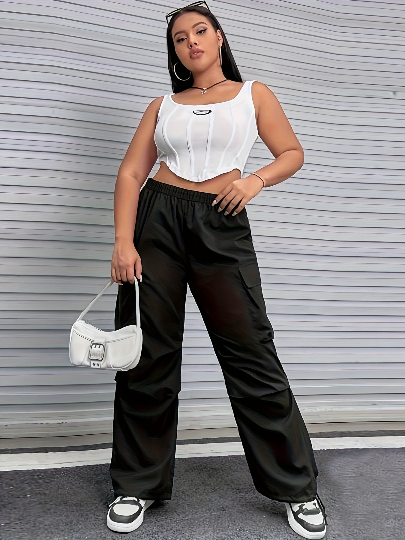  Solid High Rise Wide Leg Cargo Trousers