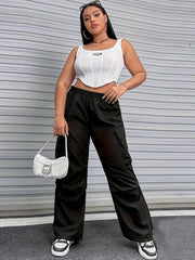  Solid High Rise Wide Leg Cargo Trousers