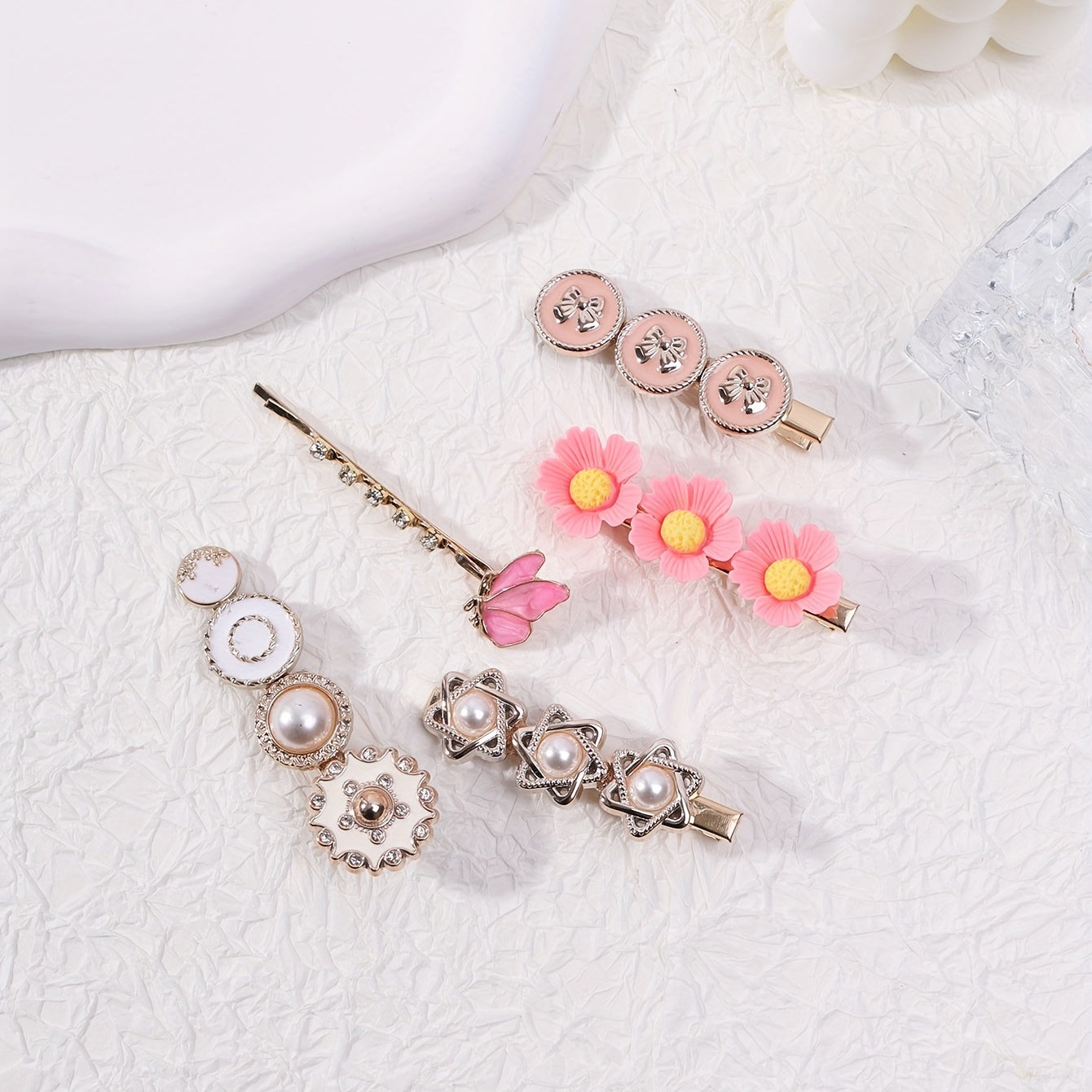 5pcs Pearl Rhinestone Flower Hairpin for Hair Bangs Braids