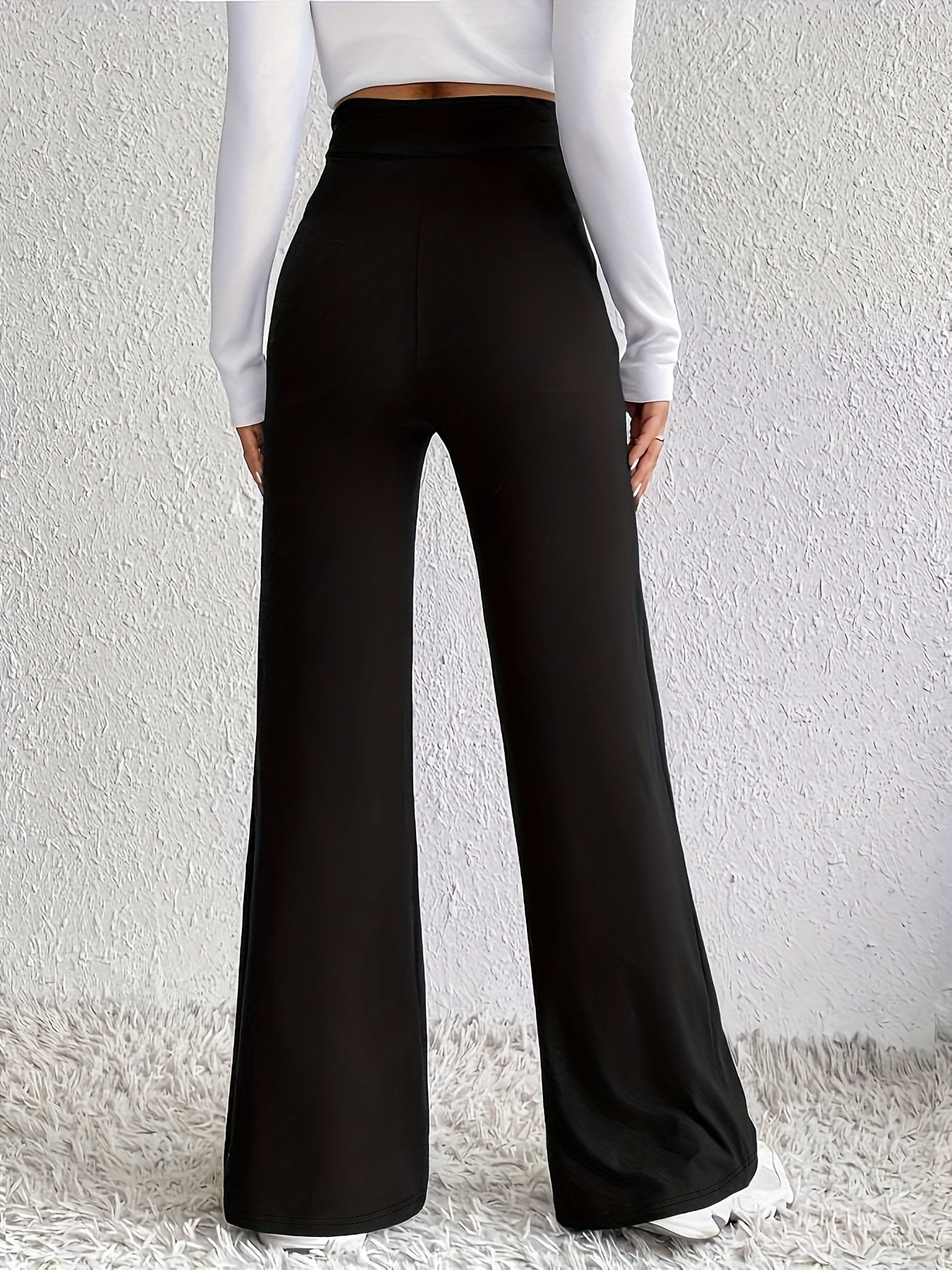  Wide Leg Trousers Solid V Waist High Rise Non Stretch
