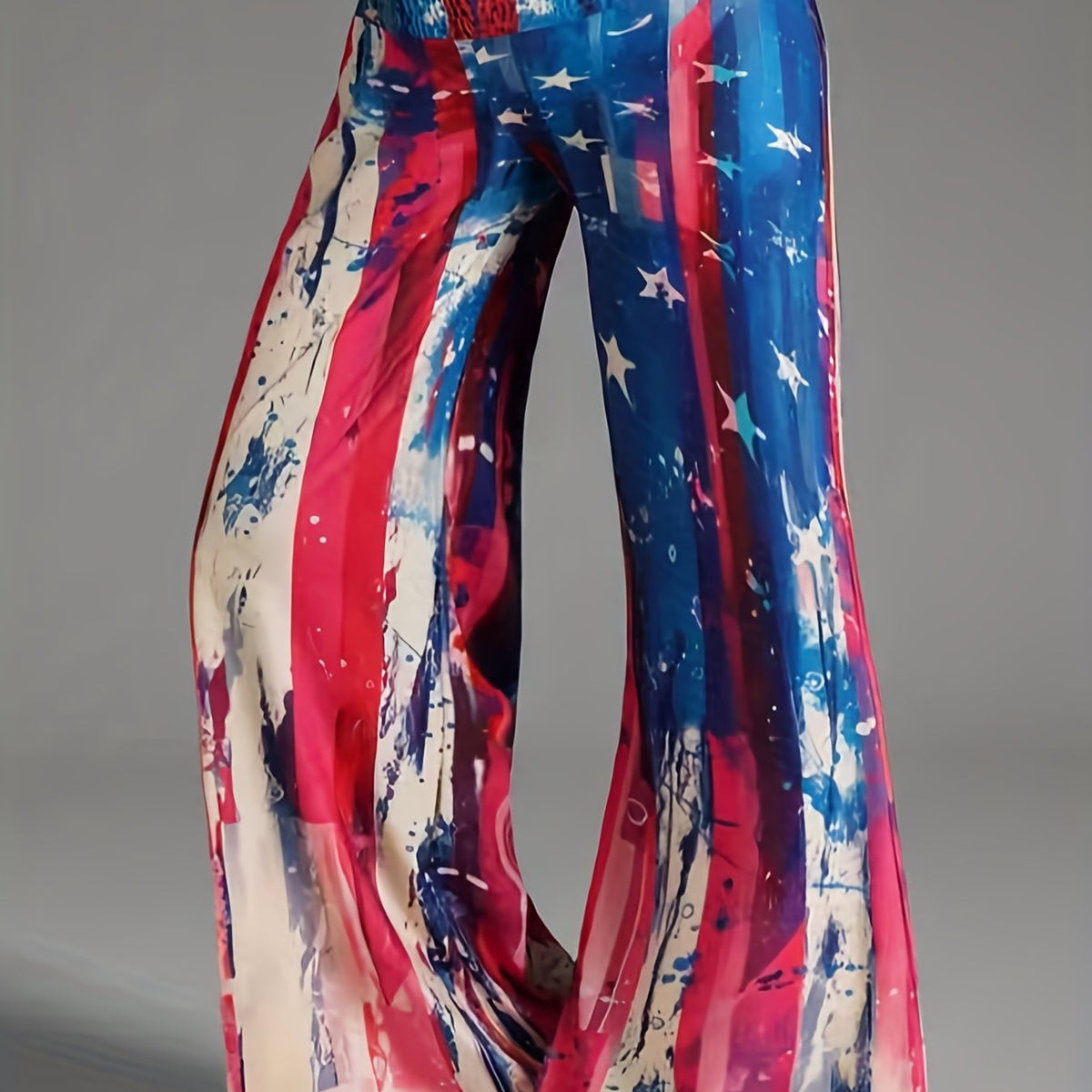 Print Flare Leg Pants Shirred Waist Casual Pants