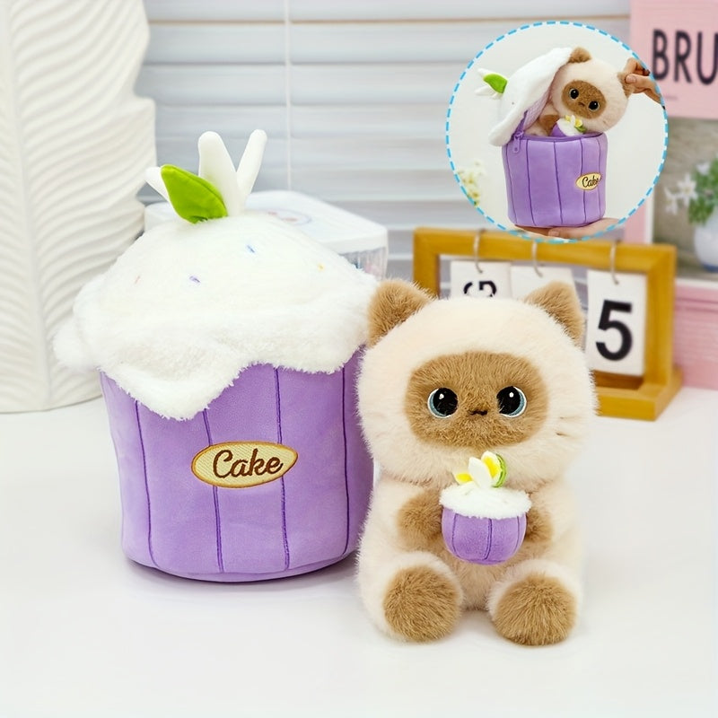 Siamese Cat Plush Toy Brown Face Purple Body Fluffy Ears Realistic Eyes