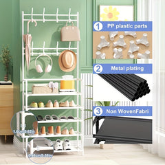 Coat Rack Shoe Rack Combo with Storage Shelves & 8 Hooks