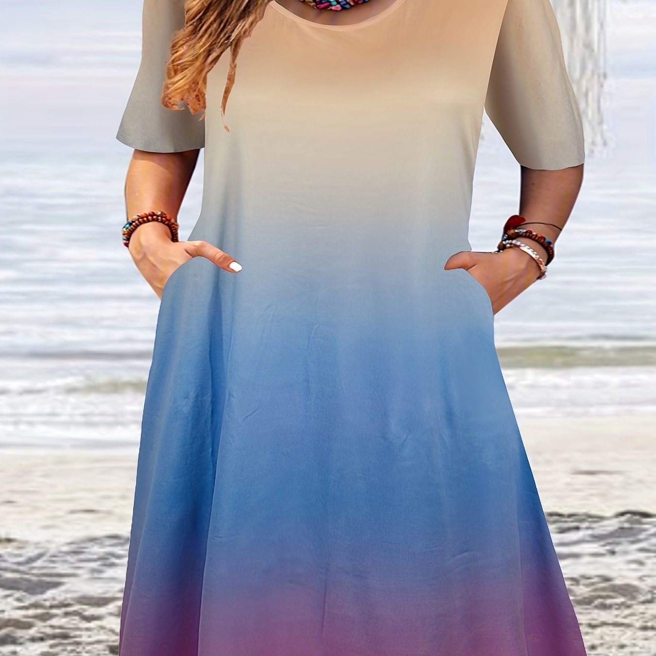 Ombre Print Short Sleeve Tee Dress With Pockets