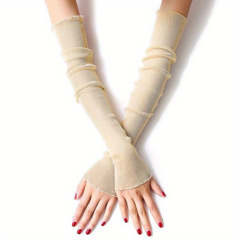 Glitter Mesh Sunscreen Long Gloves Fingerless for Women