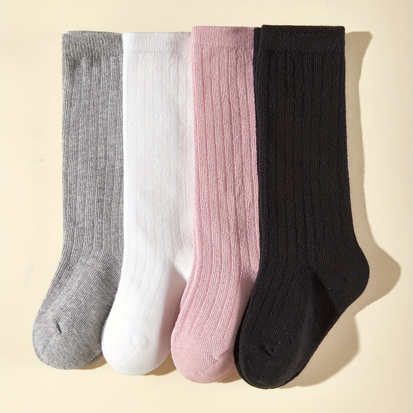 4 Pairs Kids Solid & Striped Knee High Socks for Soccer Football