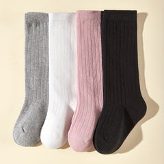 4 Pairs Kids Solid & Striped Knee High Socks for Soccer Football