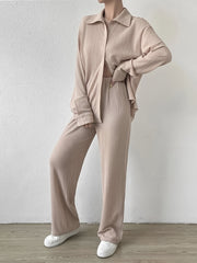  Casual 2 Piece Set Solid Blouse & Wide Leg Pants
