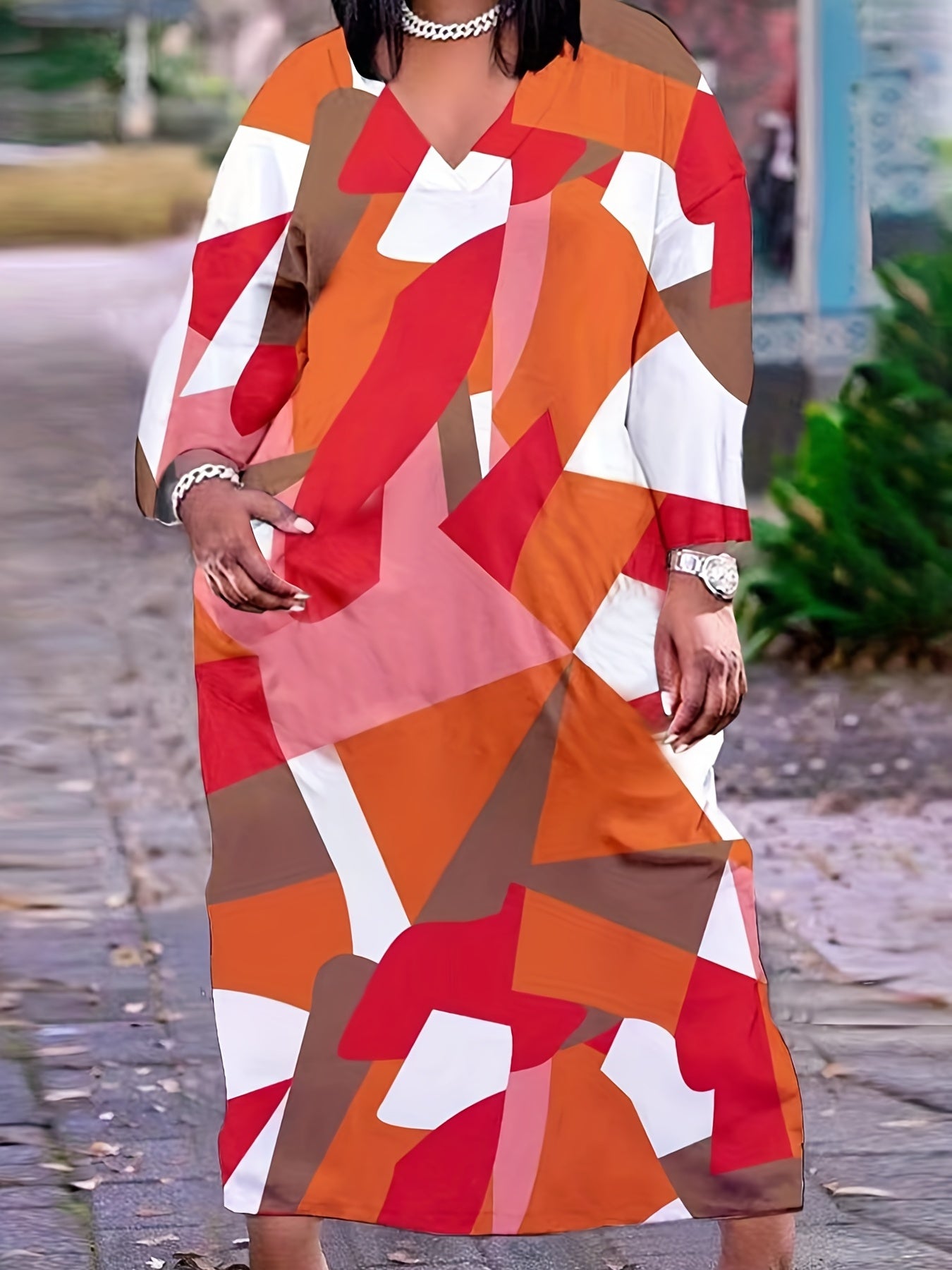 Plus Size Women's Colorblock Geometric Print Long Sleeve Maxi Dress