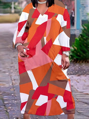 Plus Size Women's Colorblock Geometric Print Long Sleeve Maxi Dress
