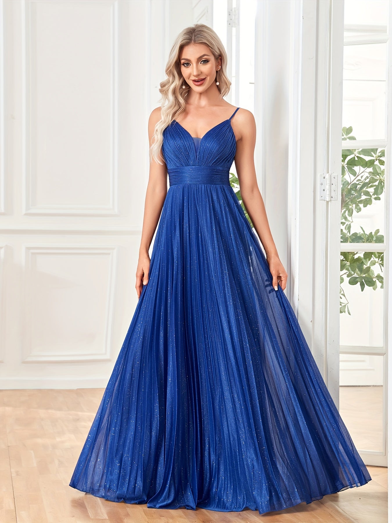 Pleated Mesh V Neck Bridesmaid Dress for Wedding Party