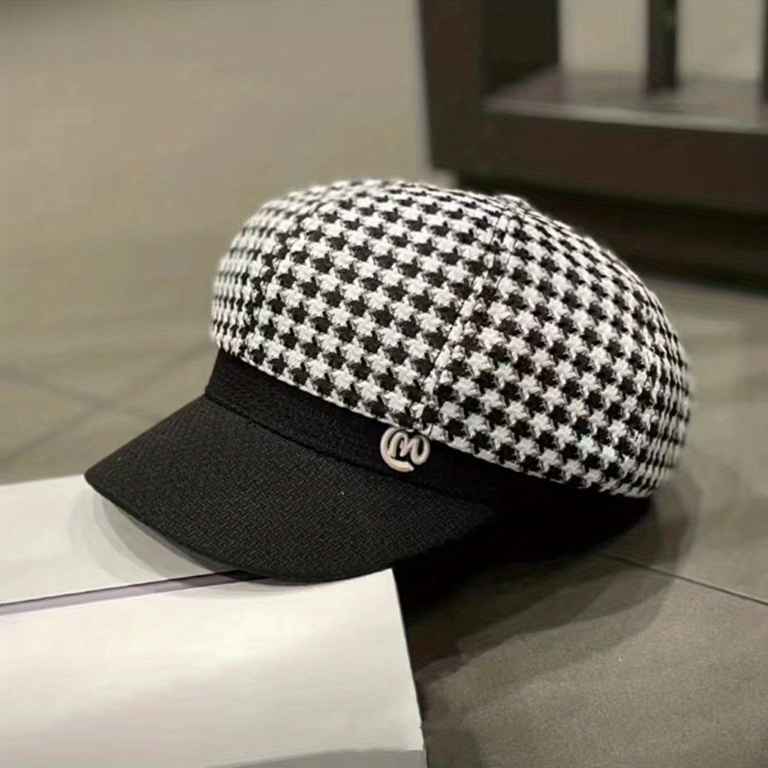 Women's Adjustable Houndstooth Newsboy Hat Lightweight Beret Cap