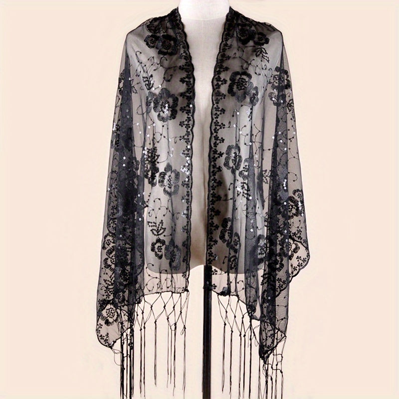 Sequin Flower Embroidery Shawl Tassel Cape Women Glitter Scarf
