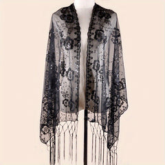 Sequin Flower Embroidery Shawl Tassel Cape Women Glitter Scarf