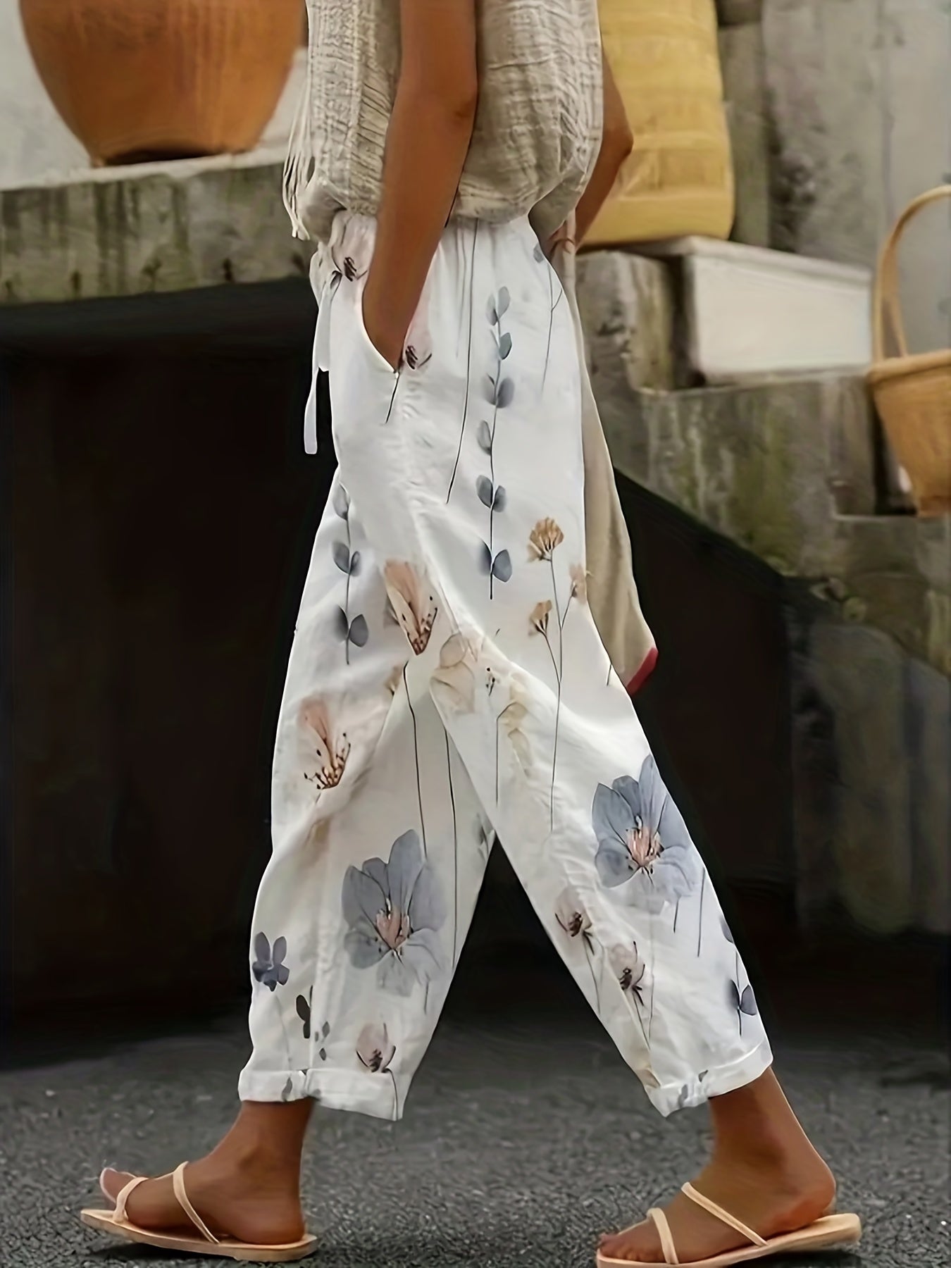 Floral Print Straight Leg Plus Size Casual Pants With Pockets